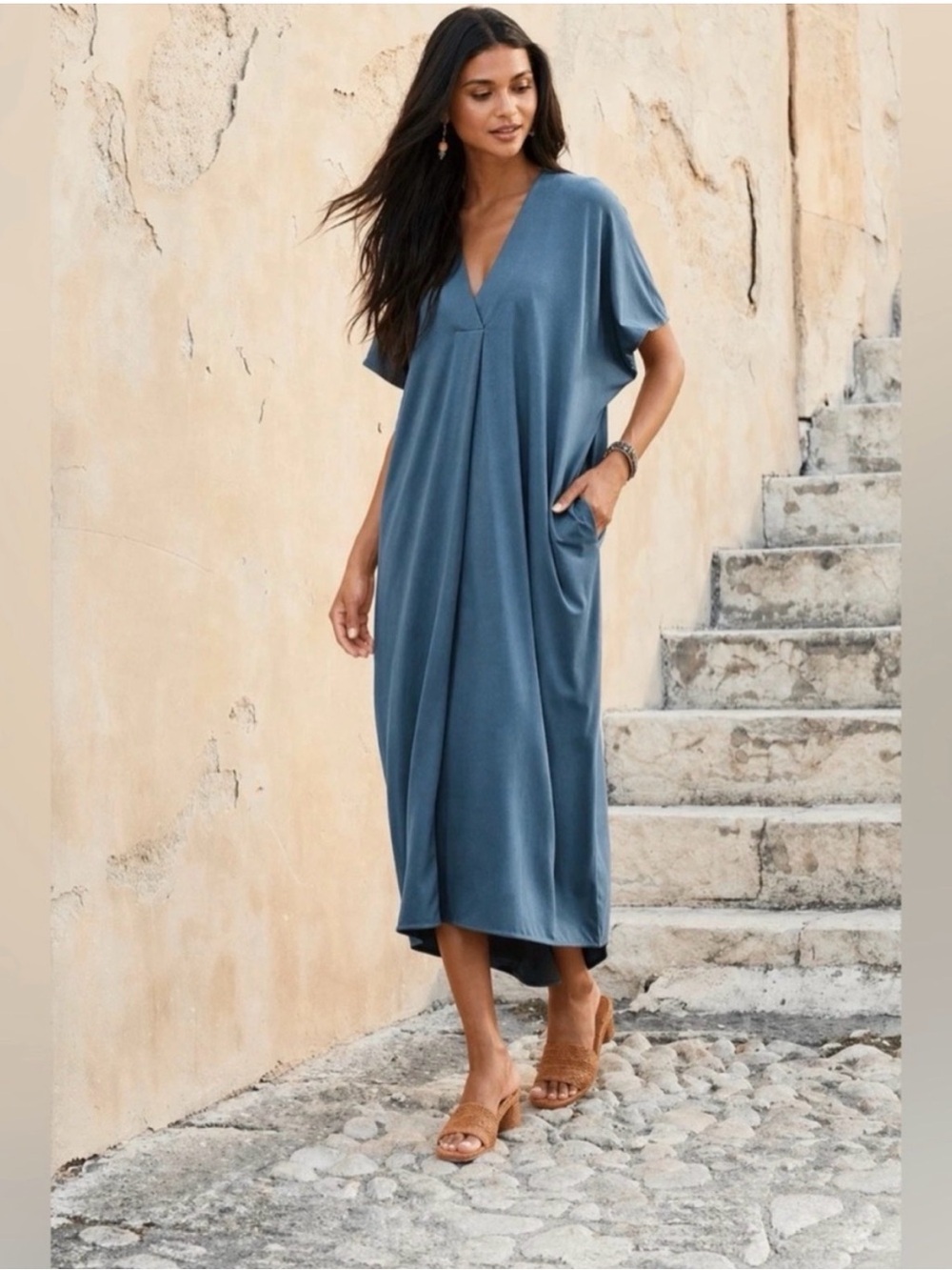 Peruvian Connection Thebes Maxi Caftan Dress Pockets Blue Oversize S Lagenlook